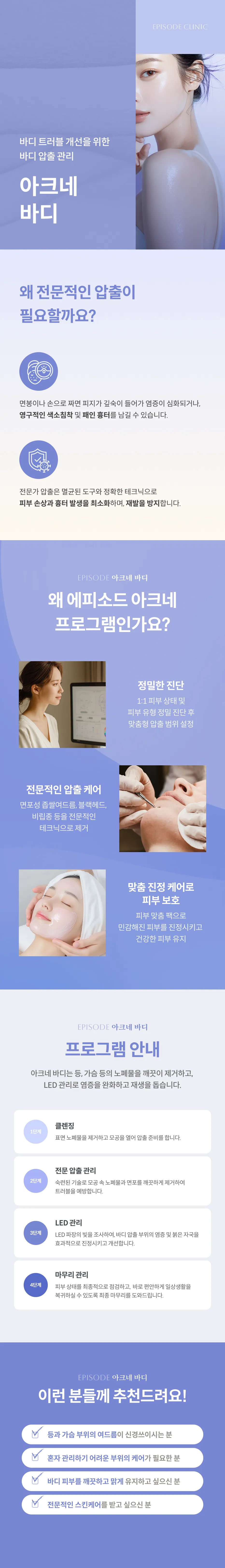 AcneBody 詳細指南：針對身體問題的粉刺清除管理、專業粉刺清除的必要性、精準診斷和粉刺清除護理、四步驟療程（清潔、專業粉刺清除管理、LED光療、後續護理）、適用人群指南