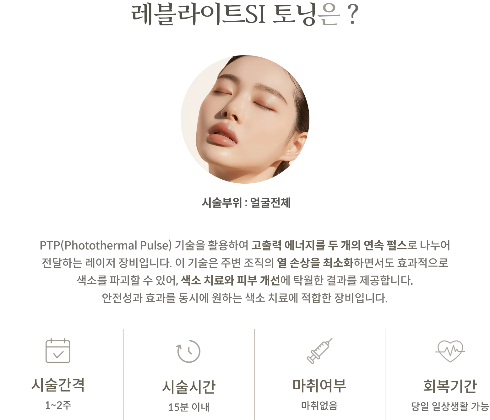 Revlite SI淨膚療程資訊面板：療程區域：全臉，PTP 技術說明：將高輸出能量分成兩個連續脈衝，療程間隔：1-2 週，療程時間：15 分鐘以內，無需麻醉，恢復期：當天即可恢復日常活動。