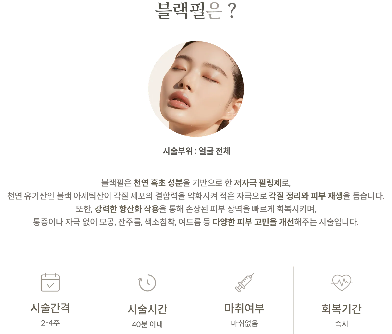 黑醋煥膚療程資訊面板：療程部位：全臉，低致敏性煥膚劑，含天然黑醋，療程間隔：2-4週，療程時間：40分鐘以內，無需麻醉，恢復期：即刻
