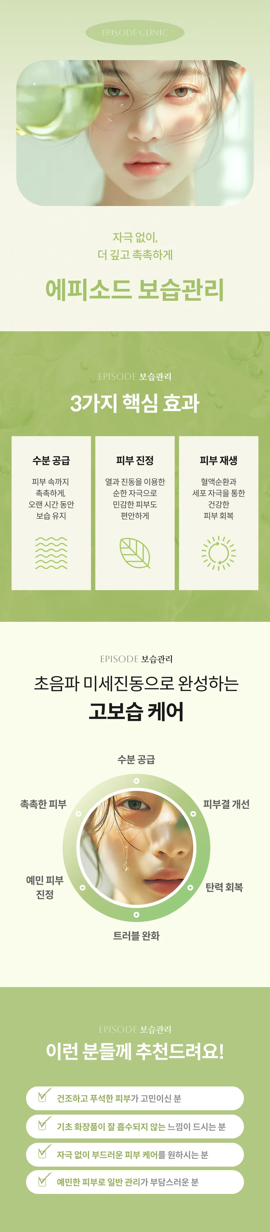 詳細保濕護理指南：深層補水，溫和不刺激，三大功效（補水、舒緩、再生），超音波微振動高保濕護理，目標受眾訊息