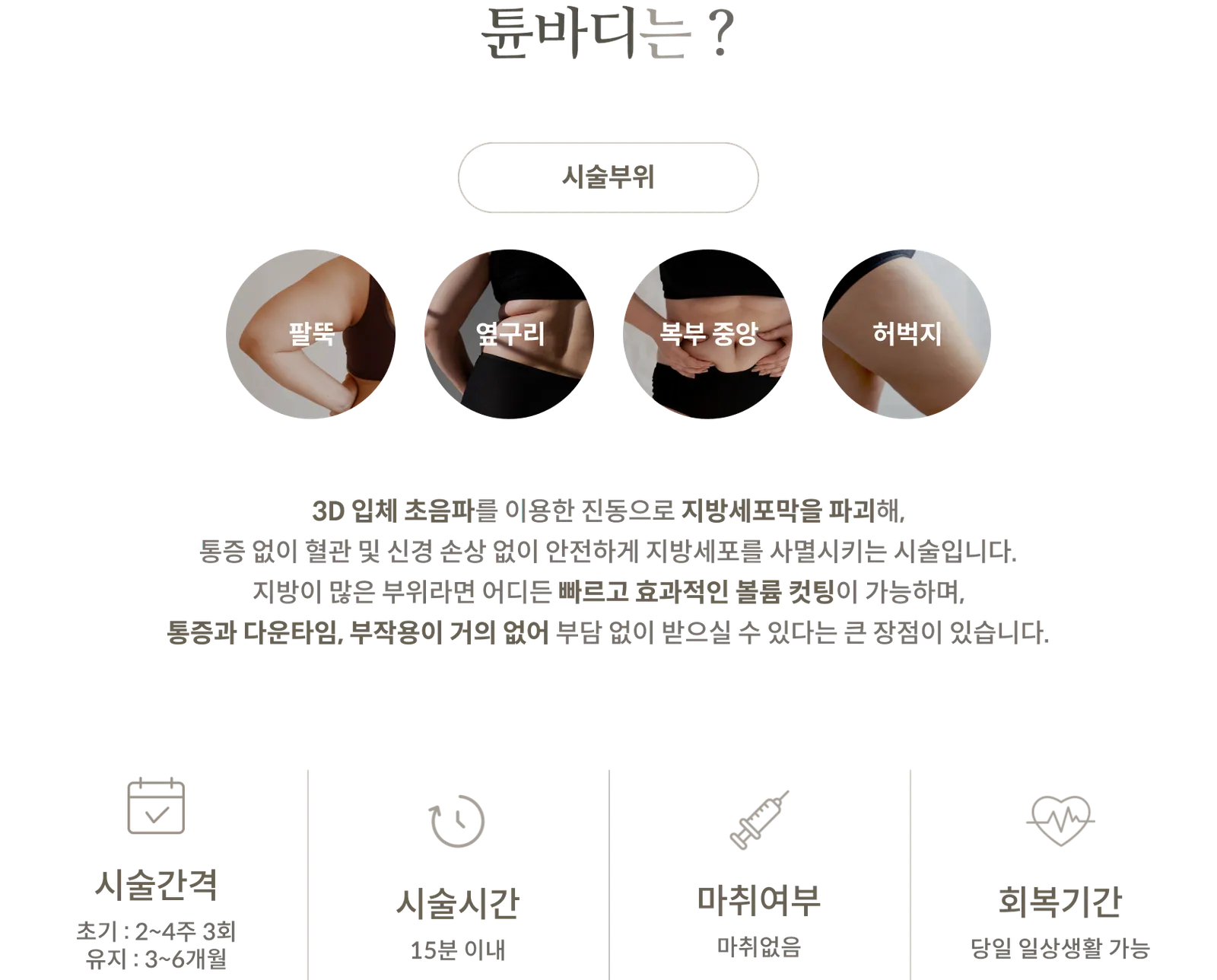 TuneBody療程資訊面板:療程部位:上臂、側腰、腹部中央、大腿;利用 3D 超音波破壞脂肪細胞膜;療程間隔:初始 3 次療程,每次間隔 2-4 週,維持療程 3-6 個月;療程時間:15 分鐘以內;無需麻醉;當天即可恢復日常生活。