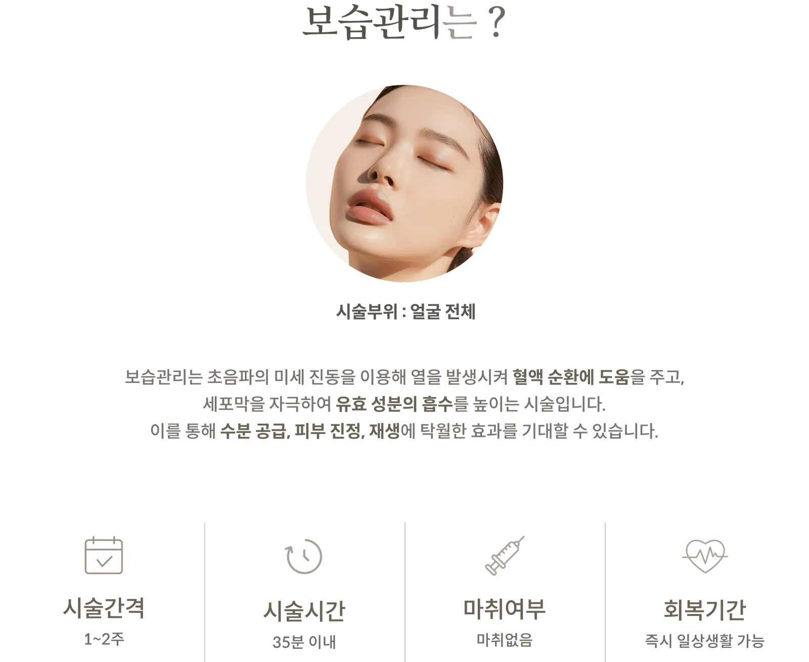 保濕療程資訊面板：療程區域：全臉，超音波微振動促進血液循環和活性成分吸收，療程間隔：1-2週，療程時間：35分鐘以內，無需麻醉，恢復期：立即恢復日常活動。